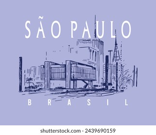 Ilustración hecha a mano de vector colorido del paisaje urbano de la ciudad de São Paulo, Brasil. Arte estilizado en líneas de rayas, representando tiempos actuales.