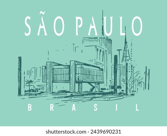 Colorful vector handmade illustration of cityscape of São Paulo city, Brazil. Stylized art in stripped lines, representing current times.