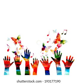 Colorful vector hands background with butterflies