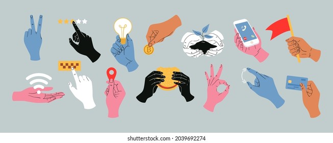 Colorful vector hands holding different stuff, hands gestures, icons of various online operations with money, credit card, taxi call, cryptocurrency transactions, rating, location icon, wai fay sign.