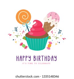 Colorful Vector Happy Birthday Background with Cute Animal