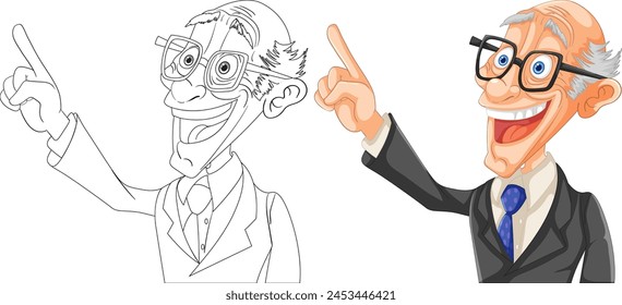 Colorful vector of a happy scientist pointing upwards