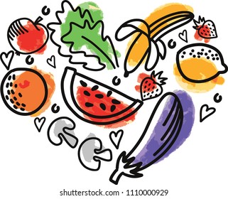 Colorful vector heart of fruits and vegetables. Isolated creative design healthy life objects.