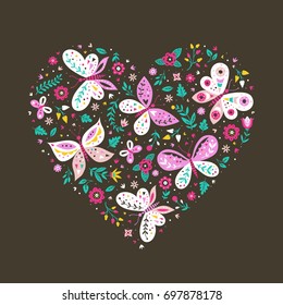 Colorful vector heart illustration with butterflies and flowers.Template for romantic greeting card and wedding invitation. Valentines day background.