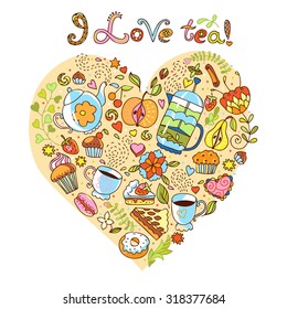 Colorful vector heart  made of tea pot, tea cups, sweets and flowers. Tea theme design element. 