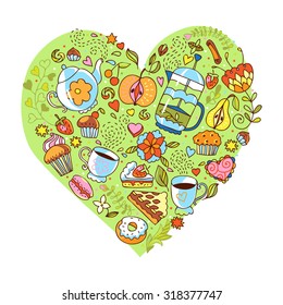 Colorful vector heart  made of tea pot, tea cups, sweets and flowers. Tea theme design element. 