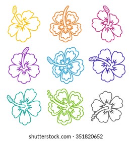 Colorful vector hibiscus flower outline icons on white