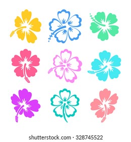 Colorful vector hibiscus silhouette icons on white background