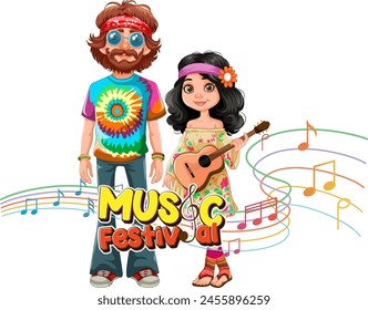 Colorful vector of a hippie couple with musical elements.