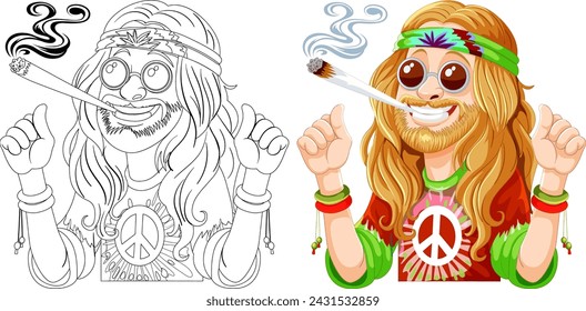 Colorful vector of a hippie with a peace sign shirt.