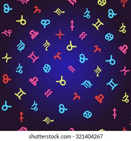 Colorful vector horoscope background, zodiac signs pattern in dark blue background-illustration