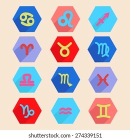 Colorful vector horoscope icon set in flat style, zodiac signs made in hexagon shape