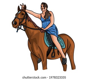 Colorful vector horse illustration for children: a girl sits on the horseback