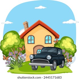 Colorful vector of a house, car, and lush garden.