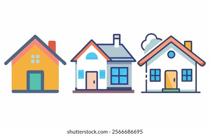 Colorful Vector Houses Illustration Set, Collection of vibrant house illustrations featuring distinct architectural styles, ideal for real estate, home design, or housing concepts.