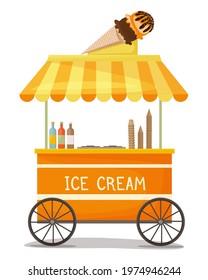 Colorful vector ice cream cart with ice cream cone on the roof. Street kiosk, icecream vending booth isolated cartoon object on white background. Stand selling delicious summer dessert sale