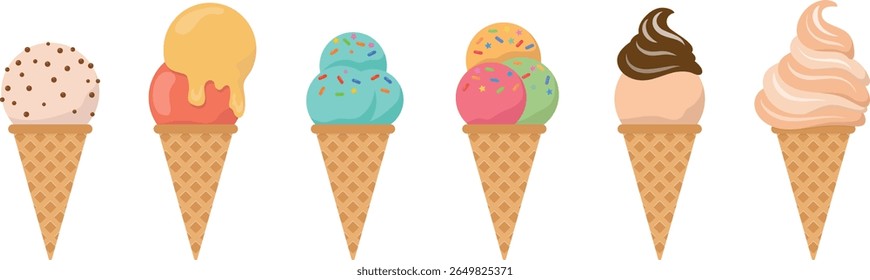 Colorful Vector Ice Cream Cone Collection with Sprinkles, Chocolate, and Soft Serve for Summer Dessert and Food Design Illustration