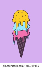 Colorful vector ice cream cone with different flavors. Fruit scoops. Melting dessert