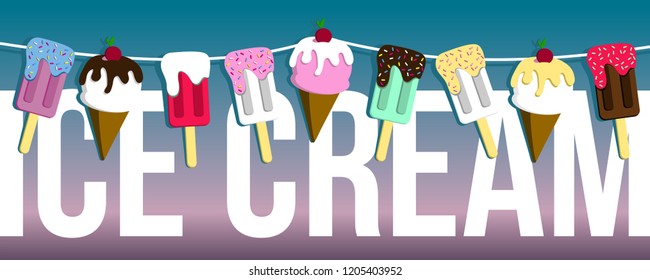 
Colorful vector ice cream set on blue-purple gradient background.
