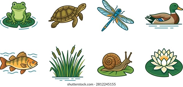 A colorful vector icon collection featuring common wetland wildlife and aquatic plants including a frog, turtle, dragonfly, duck, fish, reed, snail, and water lily. Ideal for nature education, environmental projects, wildlife branding, infographics, stickers, and digital or print designs.
