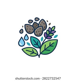 A colorful vector icon depicting almond nuts with green leaves, water drops, and a purple flower, representing natural beauty and organic skincare ingredients.