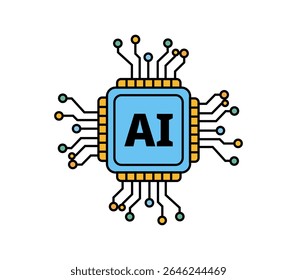 Um ícone vetorial colorido que representa um chip de computador azul claro com "IA" exibido com destaque, rodeado por inúmeras conexões de circuito, simbolizando inteligência artificial e tecnologia.
