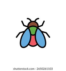Ícone de vetor colorido retrata uma mosca com cabeça marrom, tórax verde, abdômen vermelho e asas azuis; apresenta um contorno preto e é definido contra um pano de fundo transparente.