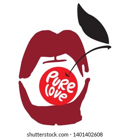 Colorful vector icon of lips with cherry words pure love. Lips in isolated modern design for invitation. Vector illustration