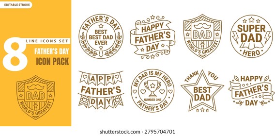 A colorful vector icon set celebrating Father's Day, featuring badges, ribbons, and heart motifs in a distinctive silhouette style.