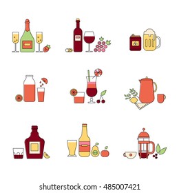 Colorful vector icon set of delicious hot drinks, cocktail, beer and other alcoholic drinks. Part 1