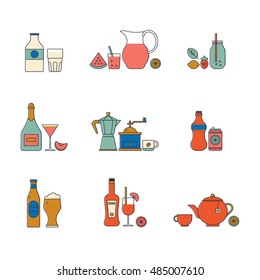 Colorful vector icon set of delicious hot drinks, milk, cocktail, beer and other alcoholic drinks. Part 2