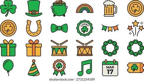 Colorful vector icon set featuring shamrock, leprechaun hat, gold pot, rainbow, beer mug, horseshoe, gift, drum, wreath, and party symbols for St Patrick’s Day. Ideal for holiday designs, banners, cards, apps, and festive marketing graphics.