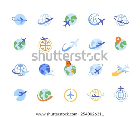 A colorful vector icon set featuring globes and airplanes, symbolizing travel, global connectivity, navigation. Modern, icons with vibrant hues and clean designs, ideal for travel apps or websites