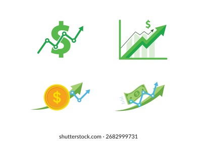 Ícone colorido vetorial de finanças e investimento, apresentando carteiras, moedas, gráficos e gráficos com tendências ascendentes simbolizando lucro, crescimento e sucesso