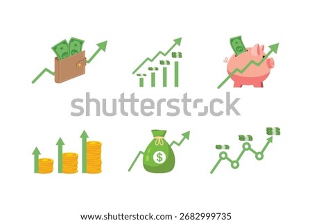 Colorful vector icon set of finance and investment, featuring wallets, coins, charts, and graphs with upward trends symbolizing profit, growth, and success