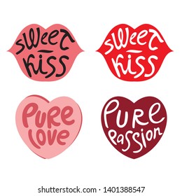 Colorful vector icon set of heart and lips with words pure passion pure love sweet kiss. heart in isolated modern design for invitation. Vector illustration