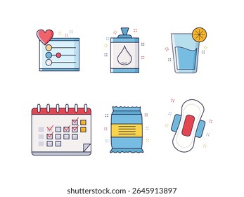 A colorful vector icon set for women's health, featuring symbols for self-care checklist, hygiene products, refreshing drink, menstrual calendar, snack, and sanitary pad.