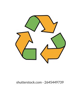 A colorful vector icon of the universal recycling symbol, featuring three arrows in orange and green forming a continuous loop, representing sustainability.
