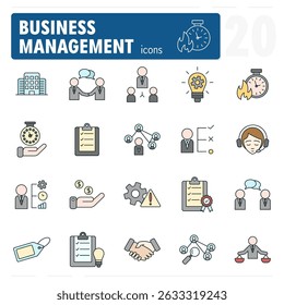 Colorful vector icons depicting different aspects of business management, including planning, teamwork, and problem-solving