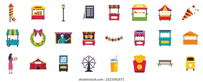 Colorful vector icons depicting a variety of street food stalls, entertainment, and people enjoying a festival