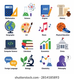 Colorful vector icons of different academic subjects and educational topics arranged in a grid