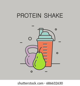 Colorful vector icons with different elements of sports nutrition. Illustrations of protein shake, fruits and additives.