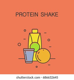 Colorful vector icons with different elements of sports nutrition. Illustrations of protein shake, fruits and additives.