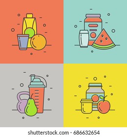 Colorful vector icons with different elements of sports nutrition. Illustrations of protein shakes, fruits and additives.
