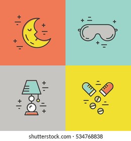 Colorful vector icons with different sleep and insomnia symbols including pillow, alarm clock, sleeping mask.