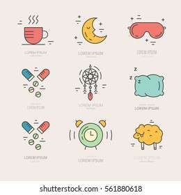 Coloridos iconos vectoriales con diferentes símbolos de sueño e insomnio incluyendo almohada, reloj despertador, máscara de dormir.