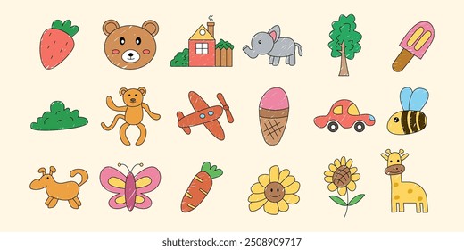 Colorful vector icons featuring playful designs like a teddy bear, elephant, ice cream, and nature elements. Perfect for children's themes, stickers, and nursery decor