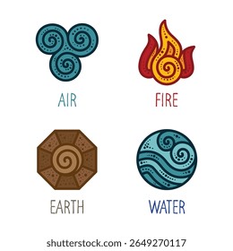 Ícones vetoriais coloridos de quatro elementos clássicos: ar, fogo, terra e água. Estilo decorativo desenhado à mão com pontos e espirais, ideal para design místico, marca de natureza, tatuagem ou temas esotéricos
