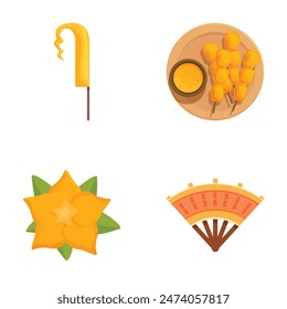 Colorful vector icons of a honey dipper, barbecue skewers, star fruit, and a hand fan