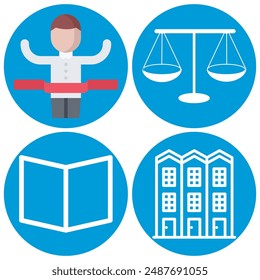 Colorful vector icons including a businessman with arms raised, scales of justice, open book, and row of buildings, perfect for various professional and educational uses.